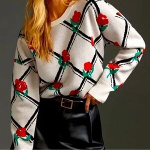 Anthropologie Maeve Crewneck Trellis Rose Floral Pullover Sweater